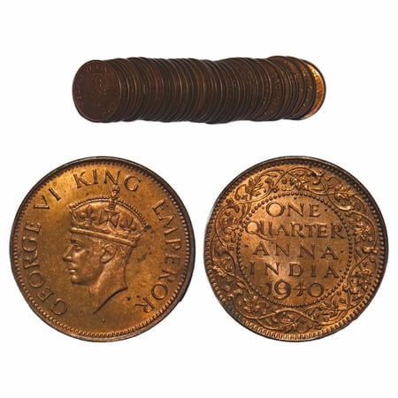 George VI, Bronze, Quarter Anna, (lot of 32 coins), 1940, Bombay Mint, Dot, Head Type II. 