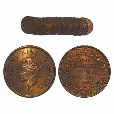 George VI, Bronze, Quarter Anna, (lot of 32 coins), 1940, Calcutta Mint, No dot, Head Type