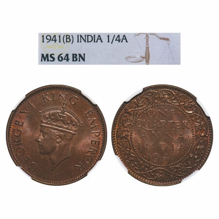 George VI, Bronze, Quarter Anna, 1941, Bombay Mint, Dot, Head Type II. F. Prid 693. GK 142