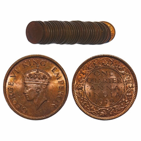 George VI, Bronze, Quarter Anna, (lot of 32 coins), 1942, Calcutta Mint, No dot, Head Type