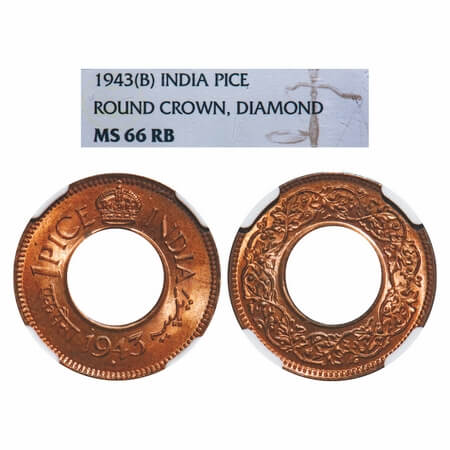 George VI, Bronze, 1 Pice, 1943, Bombay Mint, Round Crown, Diamond (mentioned on the slab)