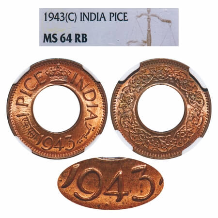 George VI, Bronze, 1 Pice, 1943, Bombay Mint, High Crown, Dot, The slab mentions Calcutta 