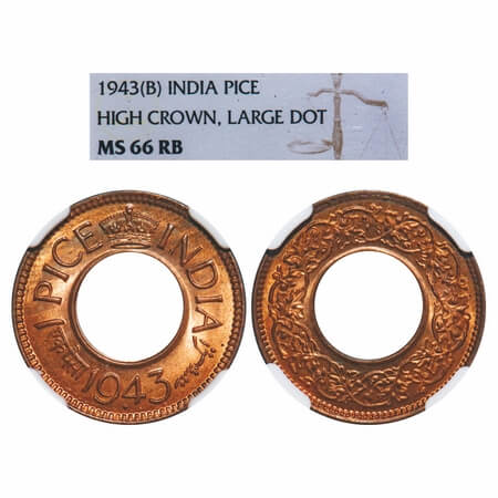 George VI, Bronze, 1 Pice, 1943, Bombay Mint, High Crown, Dot (mentioned on the slab), Big