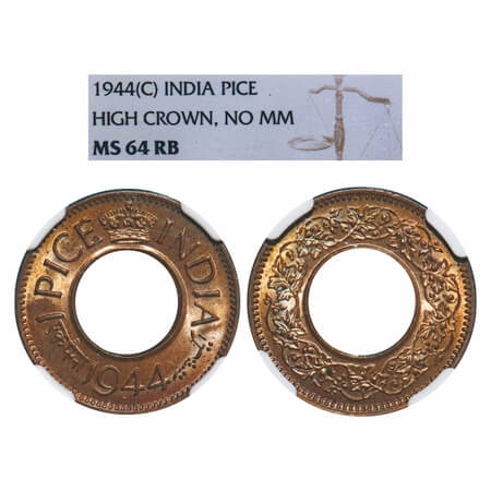 George VI, Bronze, 1 Pice, 1944, Calcutta Mint, High Crown, No mint mark. F. Prid Unlisted