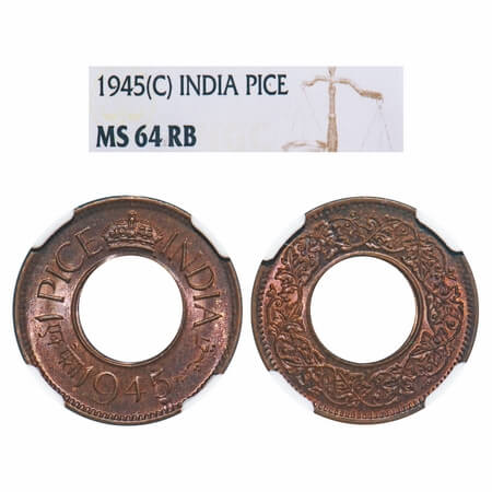George VI, Bronze, 1 Pice, 1945, Calcutta Mint, No mint mark, Flat Crown. F. Prid 696. GK 