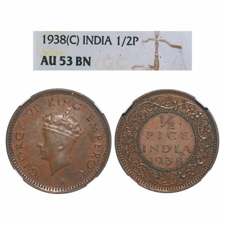 George VI, Bronze, 1/2 Pice, 1938, Calcutta Mint, No dot, Head Type I, Circulation issue.