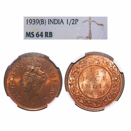 George VI, Bronze, 1/2 Pice, 1939, Bombay Mint, Head Type I, Dot. F. Prid 773. GK 1450. NG