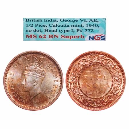 George VI, Bronze, 1/2 Pice, 1940, Calcutta Mint, Head Type I, No dot. F. Prid 772. GK 145