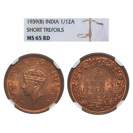George VI, Bronze, 1/12 Anna, 1939, Bombay Mint, Dot, Head Type II. F. Prid 861. GK 1454. 