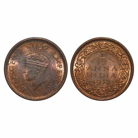 George VI, Bronze, 1/12 Anna, 1942, Bombay Mint, Dots by year, Head Type II. F. Prid 863. 