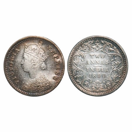 Victoria Empress, Silver, 2 Annas, 1890, Bombay Mint, B/II, 'B' incused. F. Prid 545. GK 7