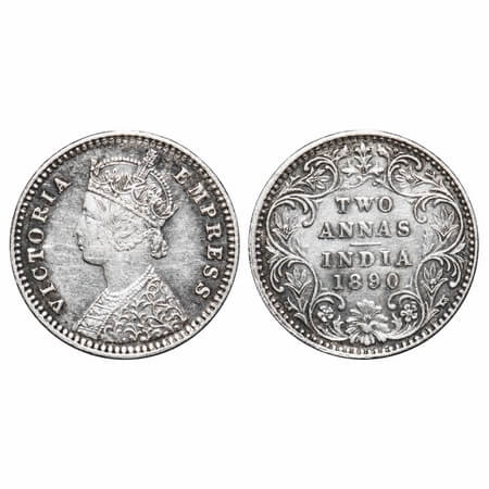 Victoria Empress, Silver, 2 Annas, 1890, Bombay Mint, B/II, 'B' incused. F. Prid 545. GK 7