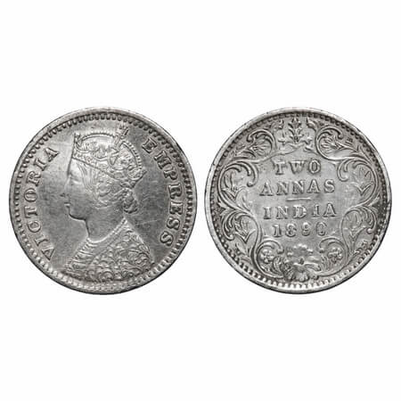 Victoria Empress, Silver, 2 Annas, 1890, Bombay Mint, B/II, 'B' incused. F. Prid 545. GK 7