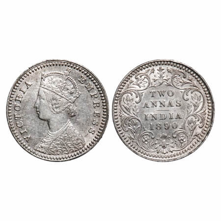 Victoria Empress, Silver, 2 Annas, 1890, Calcutta Mint, B/II, 'C' incused, Die crack on Ob