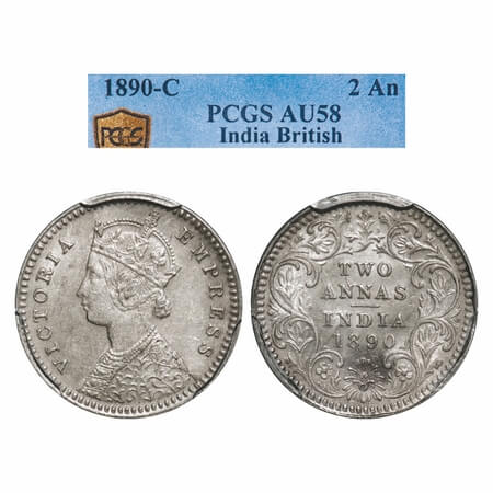 Victoria Empress, Silver, 2 Annas, 1890, Calcutta Mint, B/II, 'C' incused. F. Prid 505. GK