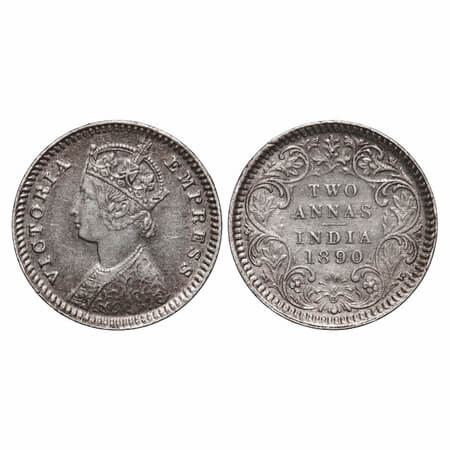 Victoria Empress, Silver, 2 Annas, 1890, Calcutta Mint, B/II, 'C' incused. F. Prid 505. GK