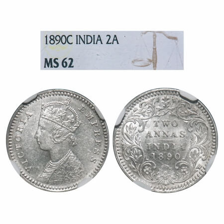 Victoria Empress, Silver, 2 Annas, 1890, Calcutta Mint, B/II, 'C' incused. F. Prid 505. GK