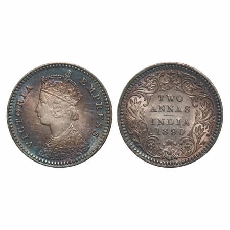 Victoria Empress, Silver, 2 Annas, 1890, Calcutta Mint, B/II, 'C' incused. F. Prid 505. GK