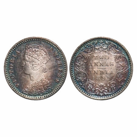Victoria Empress, Silver, 2 Annas, 1891, Bombay Mint, B/II, 'B' incused. F. Prid 546. GK 7