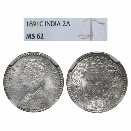 Victoria Empress, Silver, 2 Annas, 1891, Calcutta Mint, B/II, 'C' incused. F. Prid 506. GK