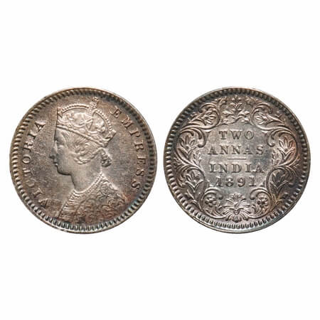 Victoria Empress, Silver, 2 Annas, 1891, Calcutta Mint, B/II, 'C' incused, Ghost on Rev. F