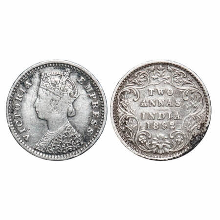Victoria Empress, Silver, 2 Annas, 1892, Bombay Mint, B/II, 'B' incused. F. Prid 547. GK 7