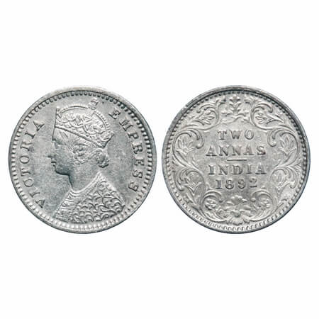 Victoria Empress, Silver, 2 Annas, 1892, Bombay Mint, B/II, 'B' incused. F. Prid 547. GK 7