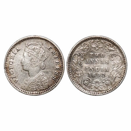 Victoria Empress, Silver, 2 Annas, 1892, Bombay Mint, B/II, 'B' incused. F. Prid 547. GK 7