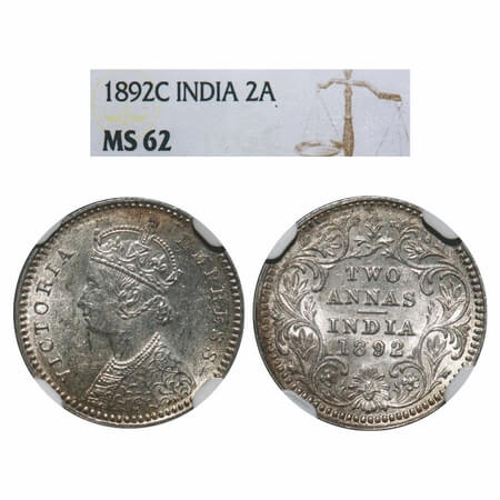 Victoria Empress, Silver, 2 Annas, 1892, Calcutta Mint, B/II, 'C' incused. F. Prid 507. GK