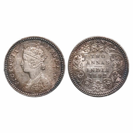 Victoria Empress, Silver, 2 Annas, 1892, Calcutta Mint, B/II, 'C' incused, Ghost on Rev. F