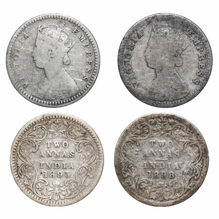 Victoria Empress, Silver, 2 Annas, (2 coins), 1893, 1898, Bombay Mint, B/II, 'B' incused. 