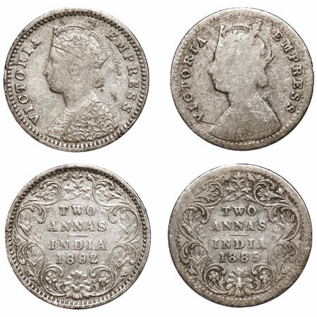 Victoria Empress, Silver, 2 Annas, (2 coins), 1) 1885, Calcutta Mint, B/II, 'C' incused, 2
