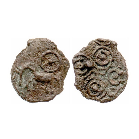 Kaushambi Region, Cast Copper, 0.59g, 12.86x11.37, Obv: Elephant walking to left above whe
