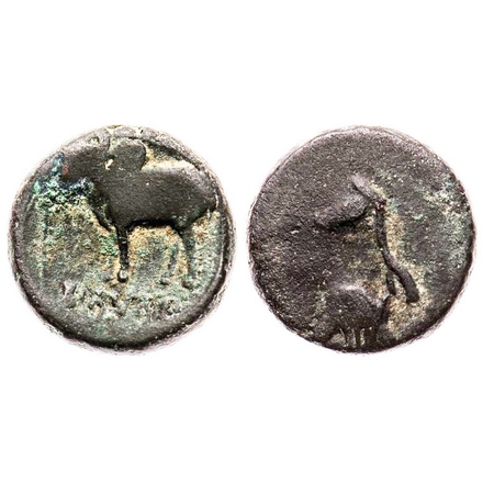 Post Mauryan, Ayodhya Satyamitra, die-struck Copper, 7.69g, 19.64x19.58 mm, Obv: Bull to l