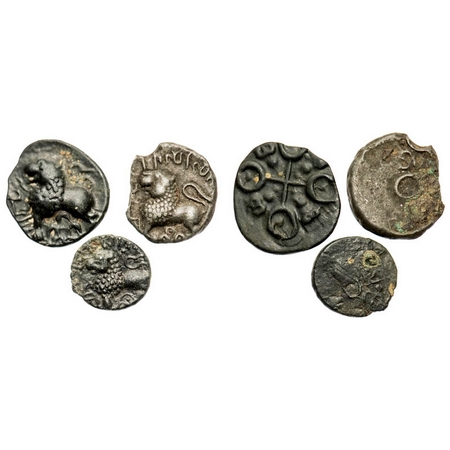 Satavahanas, Siri Satakarni, Junnar Area, Potin Unit, (3 coins), Obv: Lion facing to left 
