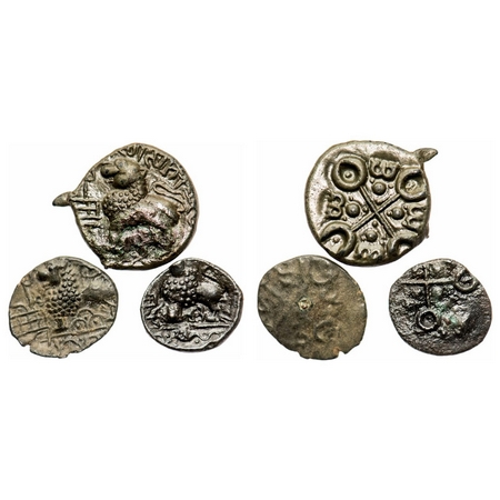Satavahanas, Siri Satakarni, Junnar Area, Potin Unit (3 coins), Obv: Lion facing to left w