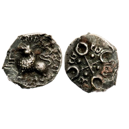 Satavahanas, Siri Satakarni, Junnar Lion type, Potin, 3.99g, 20.03x19.60 mm Obv: Standing 