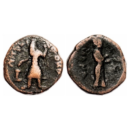 Kushanas, Kanishka (c. 130-158 AD), Copper Drachma, 25.94x25.92 mm, Obv: King standing fac