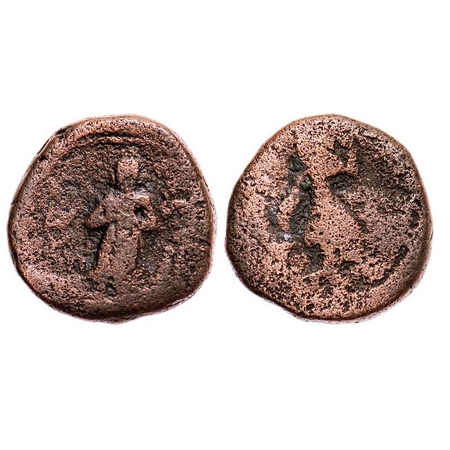 Kushanas, Kanishka I, Standing Buddha type, Copper Drachma, 16.44g, 24.94x24.83 mm, Obv: K