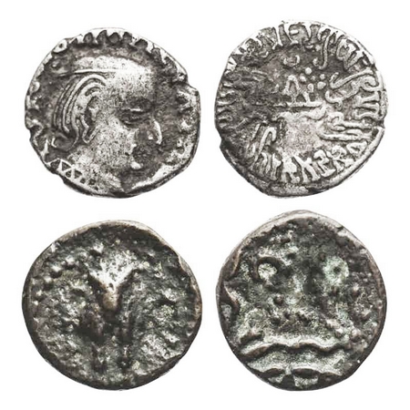 Western Kshatrapas, Copper and Silver Drachma (2 coins), 14.46x14.98, 14.49x15.27 mm, 1) W