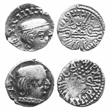 Western Kshatrapas, Vishvasena, s/o Bhatrudaman (c. 292-304 AD), SE 215 & 222 Silver Drach