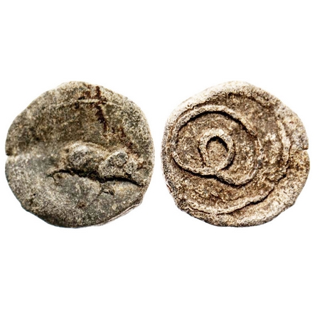 Post-Vakataka, c. 250 CE–c. 500 CE, uninscribed, Lead coin 1.01g, 12.25x12.56 mm, Obv: Boa