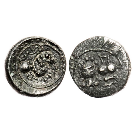 Post-Gupta, Vishnukundin, Copper base Alloy, 3.25g, 16.70x16.86 mm, Obv: Seated lion facin