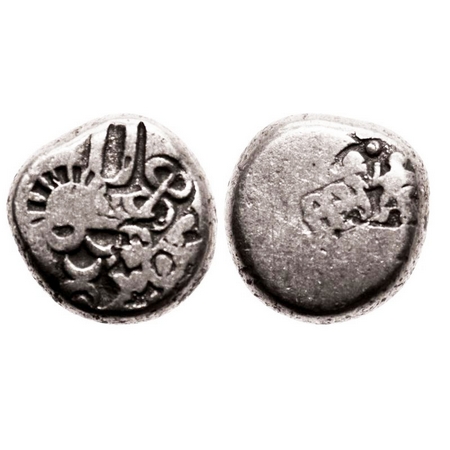 Punch Marked, Mauryan Period, Silver Karshapana, 3.31g, 12.98x13.15, Obv: Sun, six armed a