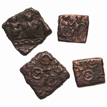 Ujjain City State, 200-100 BC, (2 coins) Copper unit, 1/2 unit standing couple type, 22.13