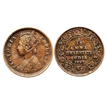 Dhar, Copper 1/12 Anna, 2.13g, Anand Rao III, 1887 AD, bust of Victoria Empress on obv. KM