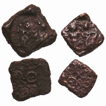Ujjain City State, 200-100 BC, (2 coins) Copper unit & ½ unit standing couple type, 21.56x