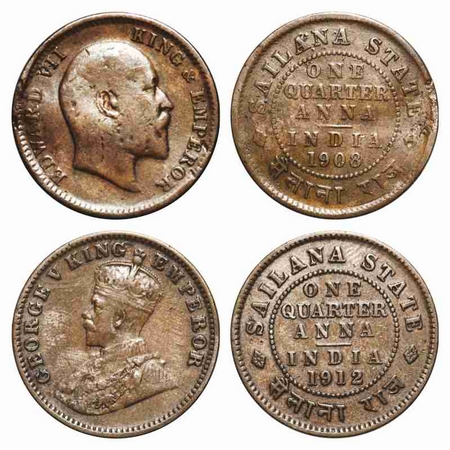 Sailana, Copper ¼ Anna (2 Coins), 4.76, Jaswant Singh (1890-1919 AD), 1908 AD, bust of Edw