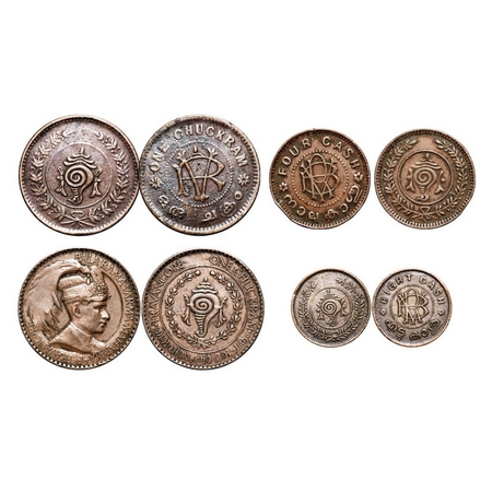 Travancore, Copper & Bronze, (4 Coins), No date types, Rama Verma VI, Chuckram, Bala Rama 