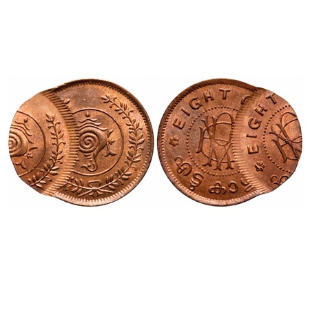 Travancore, Bronze, 8 Cash, 3.90g, Bala Rama Varma II. Double struck error, KM 59 type. Un